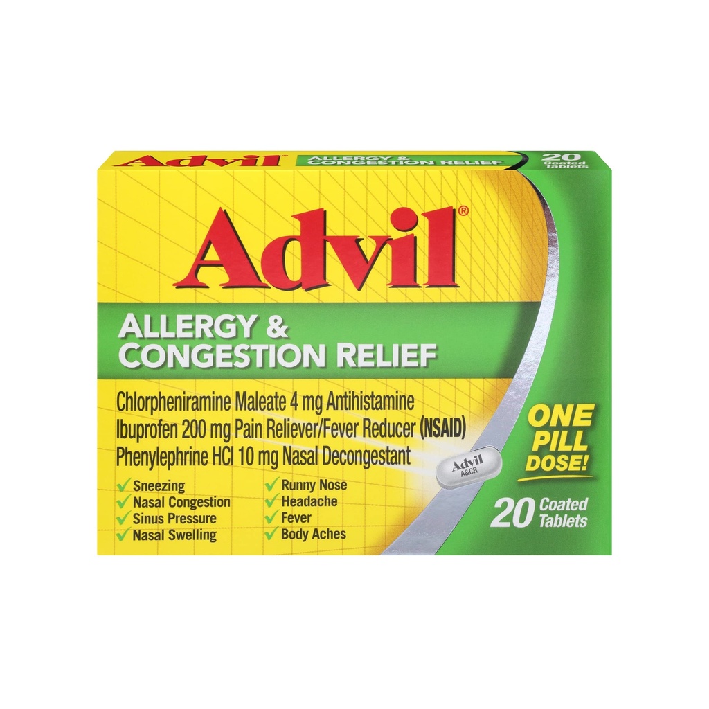 Alergia Advil y Alivio de Congestión, Alimentador de Dolor, Reductor de Fiebre y Alivio de Alergia con Ibuprofeno, Fenilefrina HCl y Clorpheniramina Maleato 4 mg - 20 Tablas Coadas
