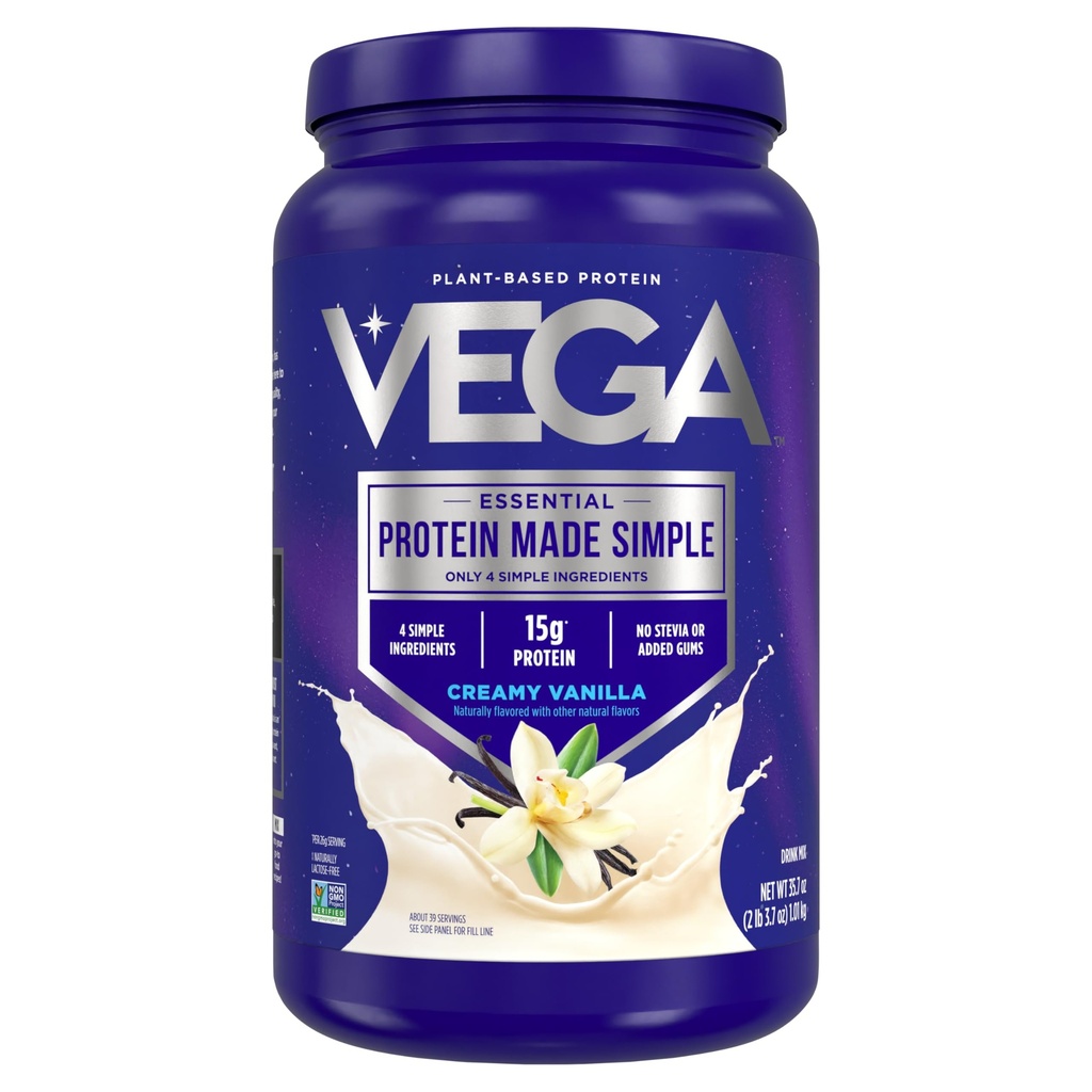 Vega Protein Fabricado Simple Protein Powder, Vainilla - Stevia Gratis, Vegan, Planta Basada, Saludable, Gluten Gratis, Pea Protein for Women and Men, 2.2 libras (Packaging May Vary)