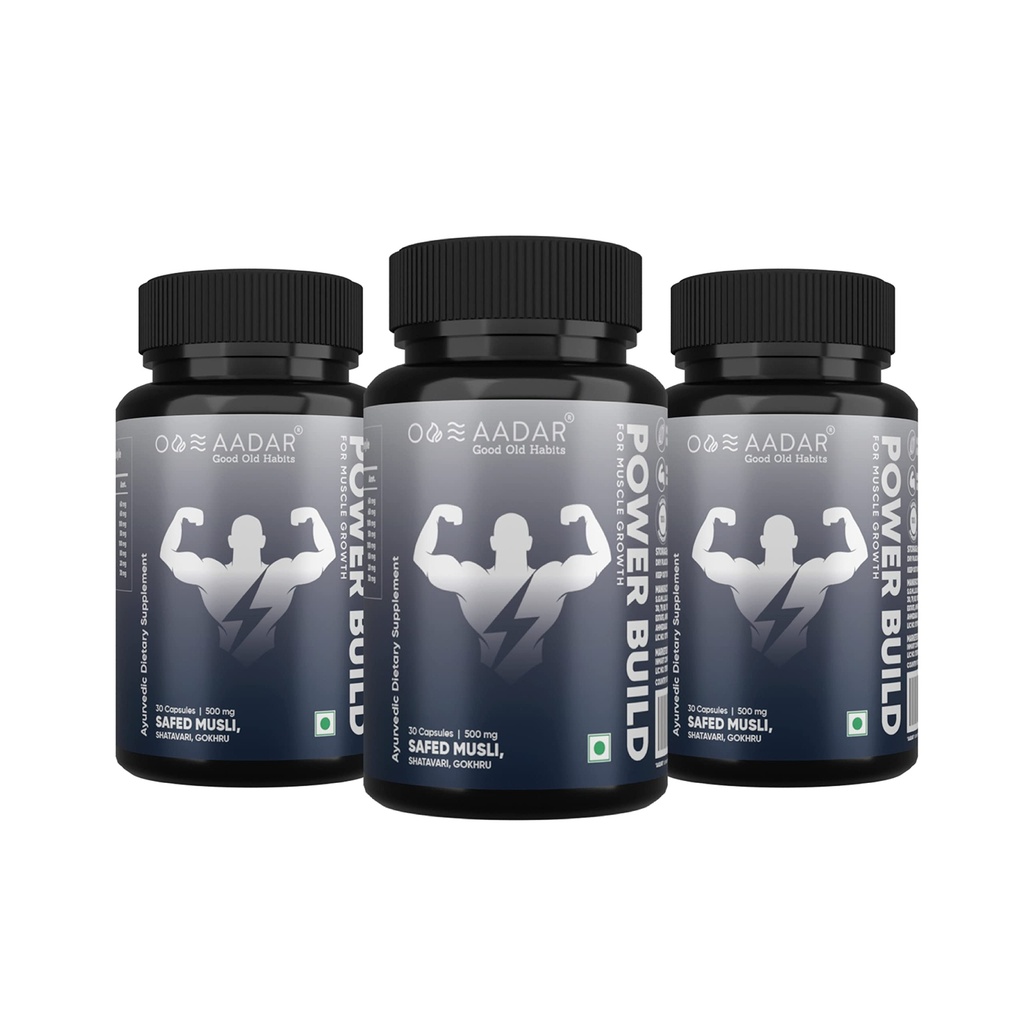 AADAR Power Build ¦ Ayurvedic Real Muscle Mass Gainer ← Mejora el rendimiento & Boost Metabolism ¦ (Safed Musli, Gokhru, Shatavari) 30 Capsules (Pack 3)