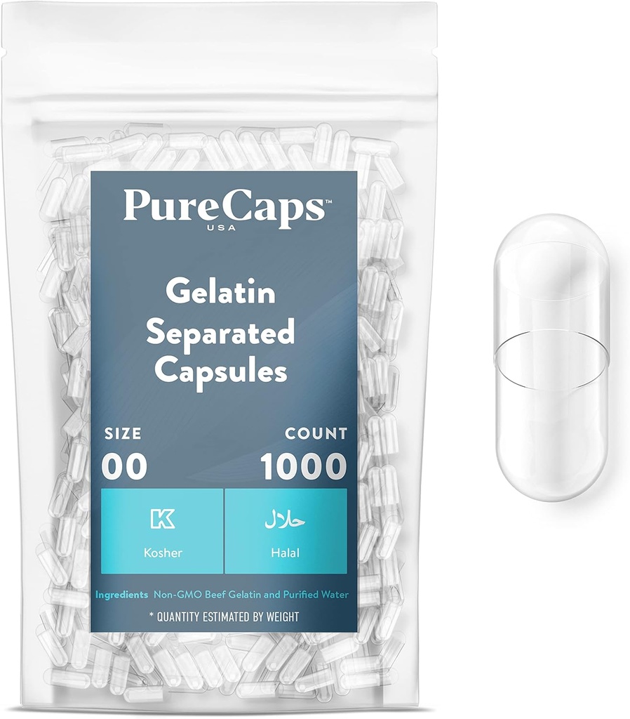 PureCaps USA - Empty Gelatin Capsules Size 00 vírgenes 1,000 Pills Separados ←No-GMO Certified peru SLS, Gluten, Preservative Free