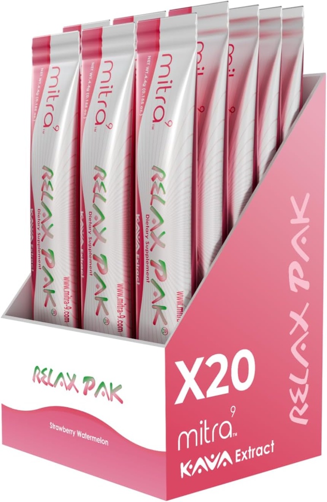 Mitra9 Kava Powder RelaxPak - Strawberry Watermelon Kava Extract Powder Packets ← Mood Enhancer ← Plant Based ← Promueve la calma natural y la claridad ← Easy Open Single-Serving Stick (20)