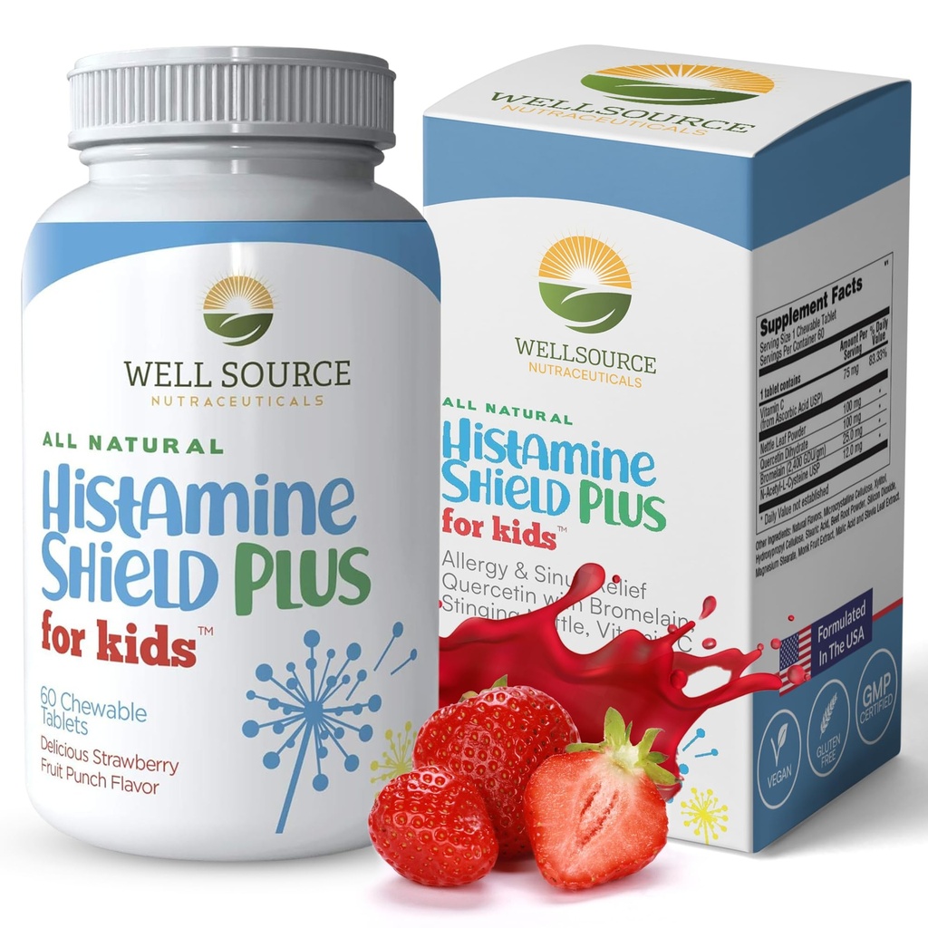 Suplemento natural de antihistamínico, Medicina de alergia a los niños, Alivio de Sinus &amp; Alergias para el polen, Pet Dander, Dust, Mold y Odor, 60 tabletas cortables de fruta de fresa