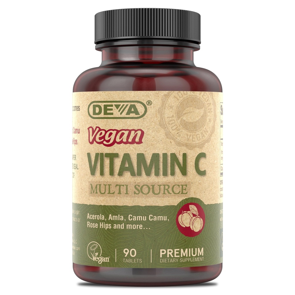 Vitaminas Veganas DEVA - Vitamina Premium de Alimentos Veganos C - Multifuente - No GMO - 90 Tabletas