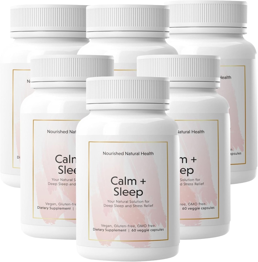 Nourished Natural - Calm + Capsules de sueño para el descanso profundo " Relajación con Ashwagandha, Chamomile, Extracto de cereza de Tarta, Pasionflower, L-theanine, " Magnesio - 360 cápsulas