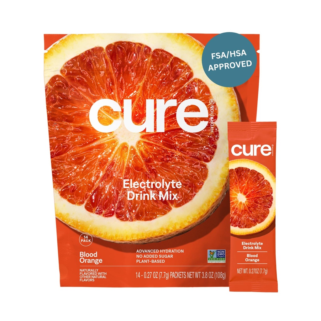 Cure Hydration ¦ Plant-Based Electrolyte Drink Mix ← No Añadido Sugar ← FSA-HSA ← Dehydration Relief Powder Made with Coconut Water ← Non-GMO Silencio Vegan tención Pouch of 14 Packets - Blood Orange