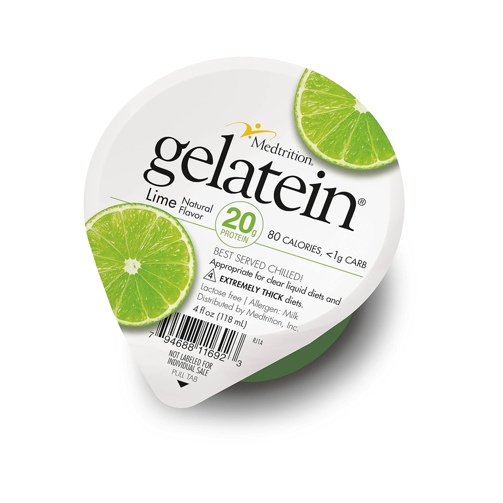 Gelatein Lime: 20 grams of protein. Sugar free. Ideal for clear liquid diets, swallowing difficulties, bariatric, dialysis and oncology. Great pre or post-workout snack. (12 pack)