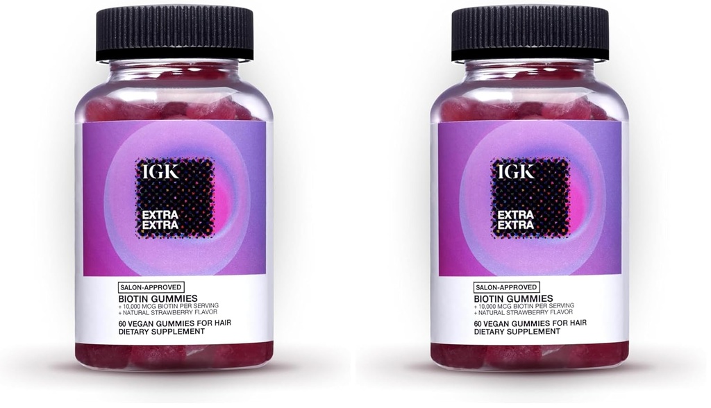 IGK Biotin Hair Gummies 10,000mcg Biotin (60 Conde), Strawberry Flavored, Hair Growth Supplement Gummies for Healthy Hair, Skin & Nails, Vegan, Help Combat Hair Loss & Thinning (Pack of 2)