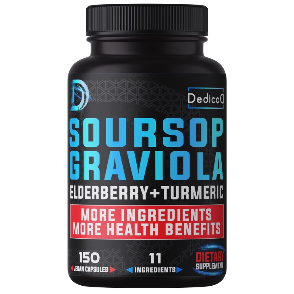 DEDICAD 11in1 Graviola Soursop Capsules for 5 Months Supply with Soursop Fruit, Elderberry, Turmeric, Ginger, Milk Thistle, Cranberry & More - Mood - 150 Vegan Capsules