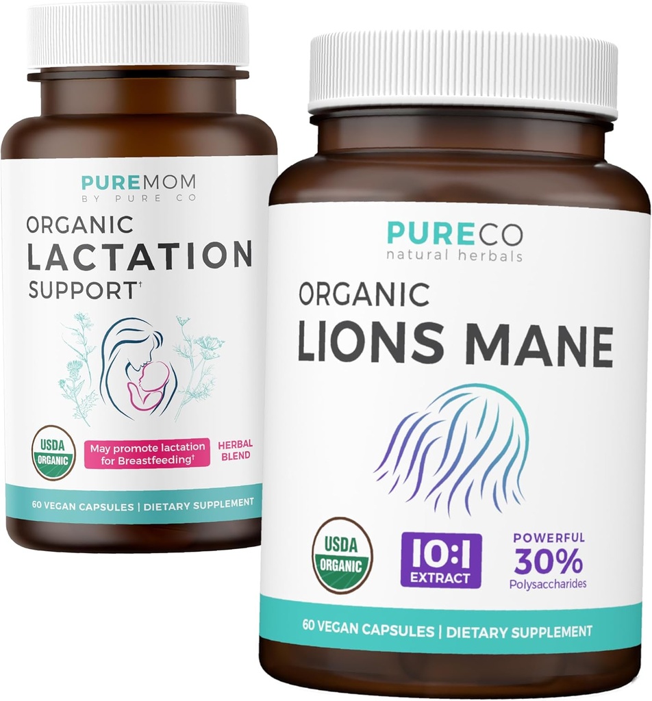 Lactation Support & Lions Mane (1-Month Supply) Mothers Mind Bundle of Organic Lactation Support - Aid for Nursing Mothers (60 Capsules) & Organic Lions Mane Mushroom 10:1 Extract (60 Capules)