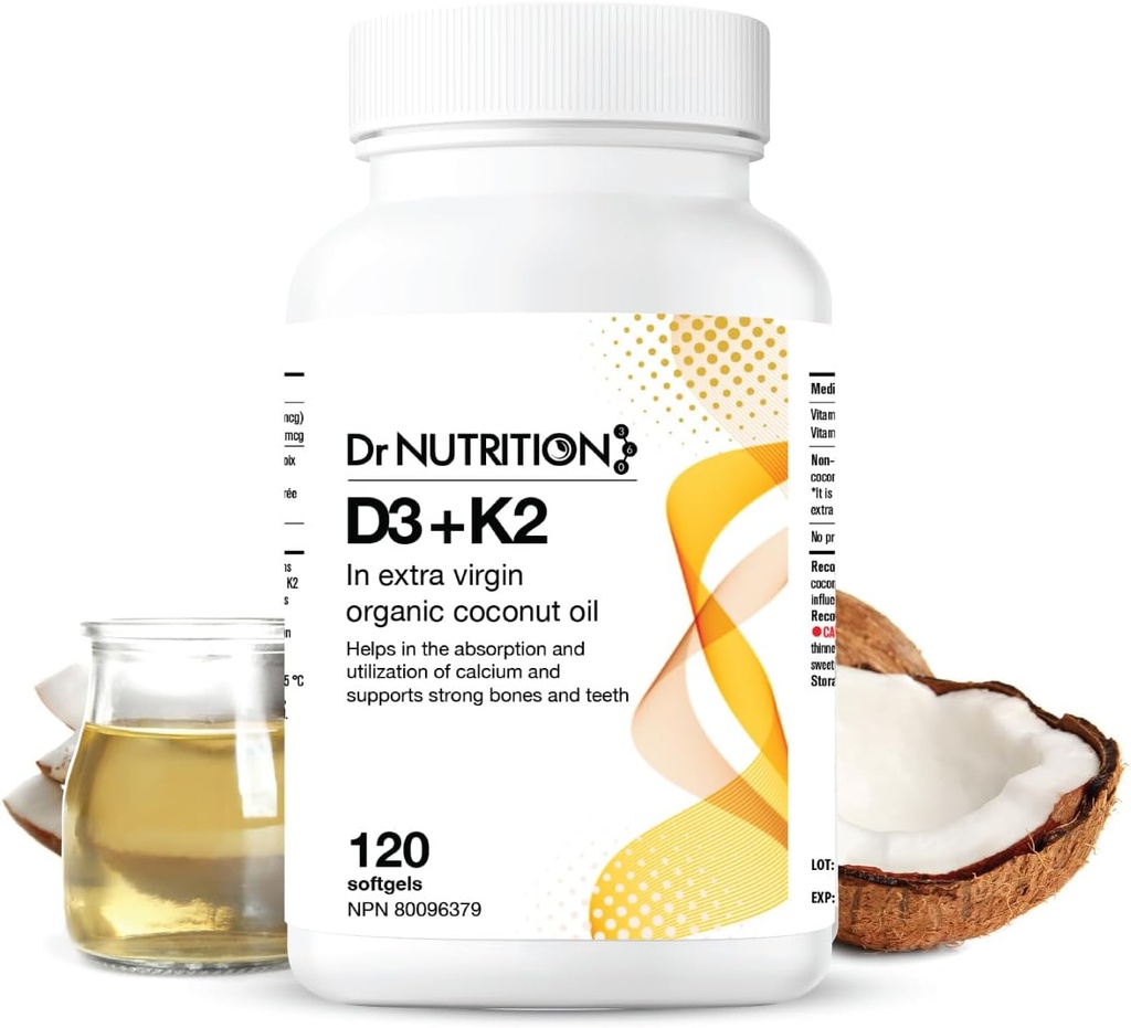 Vitamina D3 + K2 en aceite orgánico de coco, Vitamina K2 MK7 + D3 (1000IU), Bono rápido y fórmula de salud cardíaca, ayuda a absorber y utilizar el calcio, apoya la inmunidad, mejora el mood - 120 Softgels
