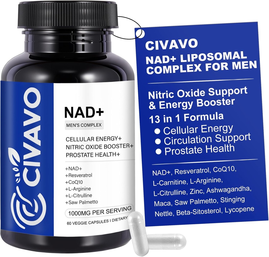 NAD+ Suplemento para Hombres 1000mg, NAD+ con Resveratrol, CoQ10, L-Citrulline &amp; Maca Root – Energía Celular, Apoyo al envejecimiento saludable, Antioxidante, Salud del óxido nítrico para Hombre – 60 cápsulas