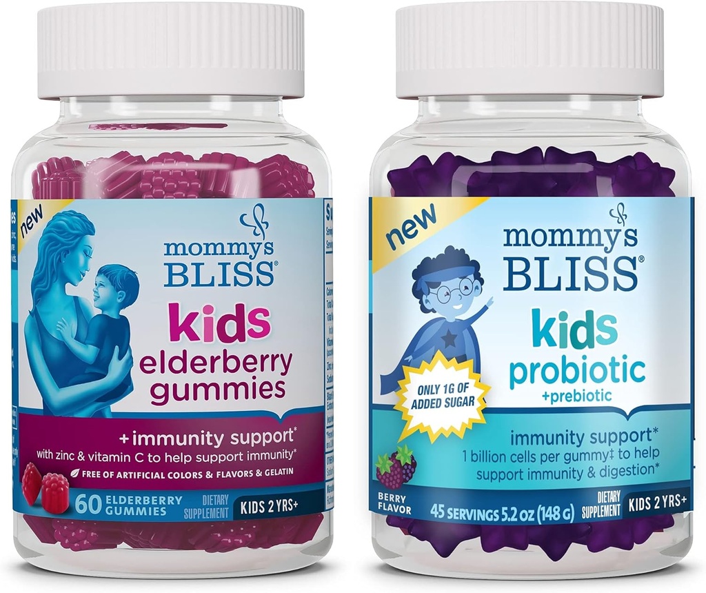 Mami's Bliss Kids Elderberry Gummies 60 Cuenta (Pack of 1), y Kids Probiotic + Prebiotic Gummies 45 Cuenta (Pack of 1), Apoyo a la inmunidad infantil y la digestión saludable
