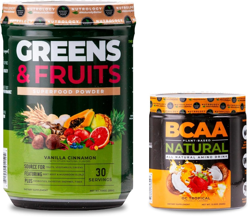 Nutrology Greens & Fruits Powder-Naturally Sourced Superfood, Vanilla Cinnamon (30 Servings) BCAA Natural, Plant Based BCAA Powder, Orange Coconut Flavor (30 Servings)
