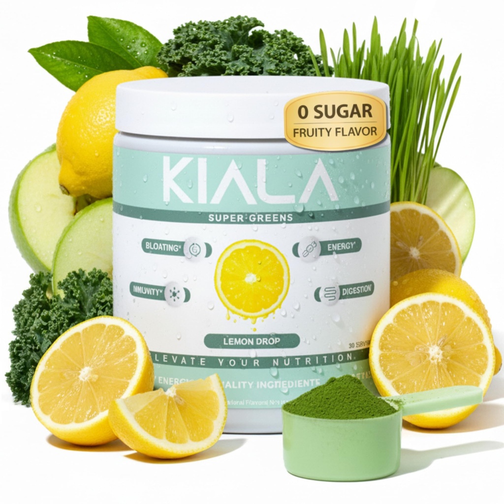 Kiala Nutrition Super Greens, Organic Greens Powder with Spirulina & Clorella for Digestion, Gut Health, Immunity, Energy, Gluten Free, Vegan, Sugar Free, Spectra Blend, Lemon Drop, 30 Servings