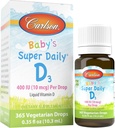 Carlson - Baby's Super Daily D3, Baby Vitamin D Drops, 400 UI (10 mcg) por gota, 1-Año de suministro, Vegetariano, Vitamina Líquida D para bebés y niños pequeños, Desflavorado, 365 gotas