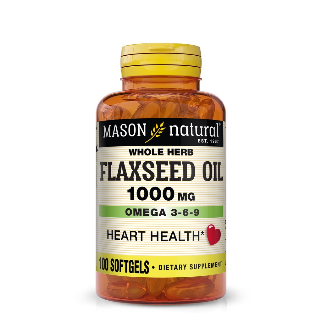 MASON NATURAL Flaxseed Oil 1000mg – Omega 3-6-9 Softgels for Heart Health – Cold-Presed Whole Herb Supplement – Gluten-Free, Non-GMO, 100 Softgels
