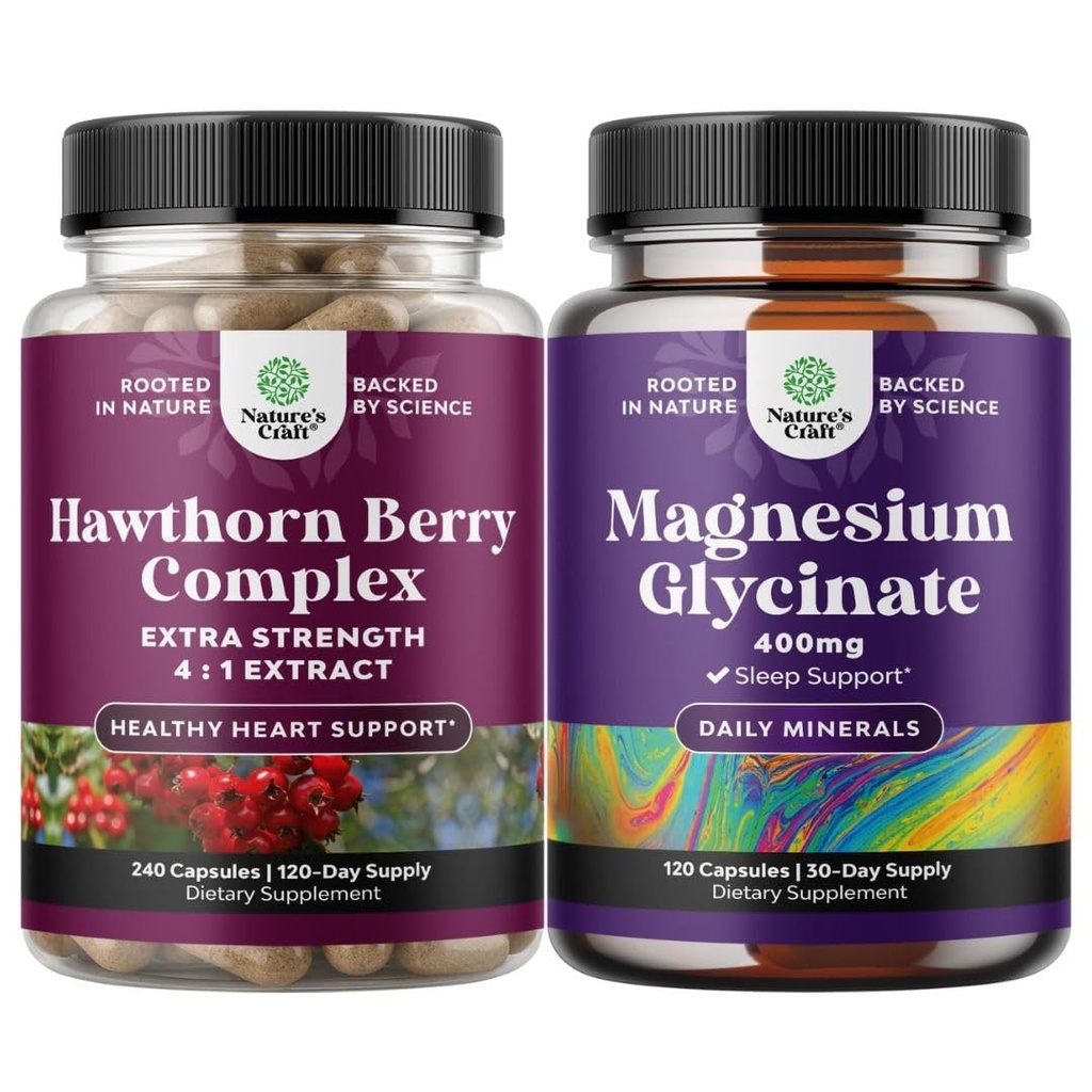 Natures Craft Bundle of Extra Strength Hawthorn Berry Capsules - Extract Digestion and Heart Health Supplement and Pure Magnesium Glycinate 400mg Per Serving for Mood Sleep and Relaxation
