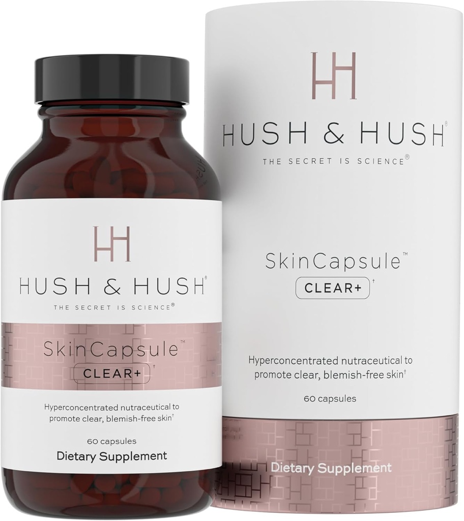 Hush & Hush SkinCapsule™ Clear+, Skin Care Supplement, Vegan, Acne Treatment for face, Clean Nutraceuticals Supplements That Contains Vitamin A, Turmeric, Dandelion Root, Zinc - 60 Capsules