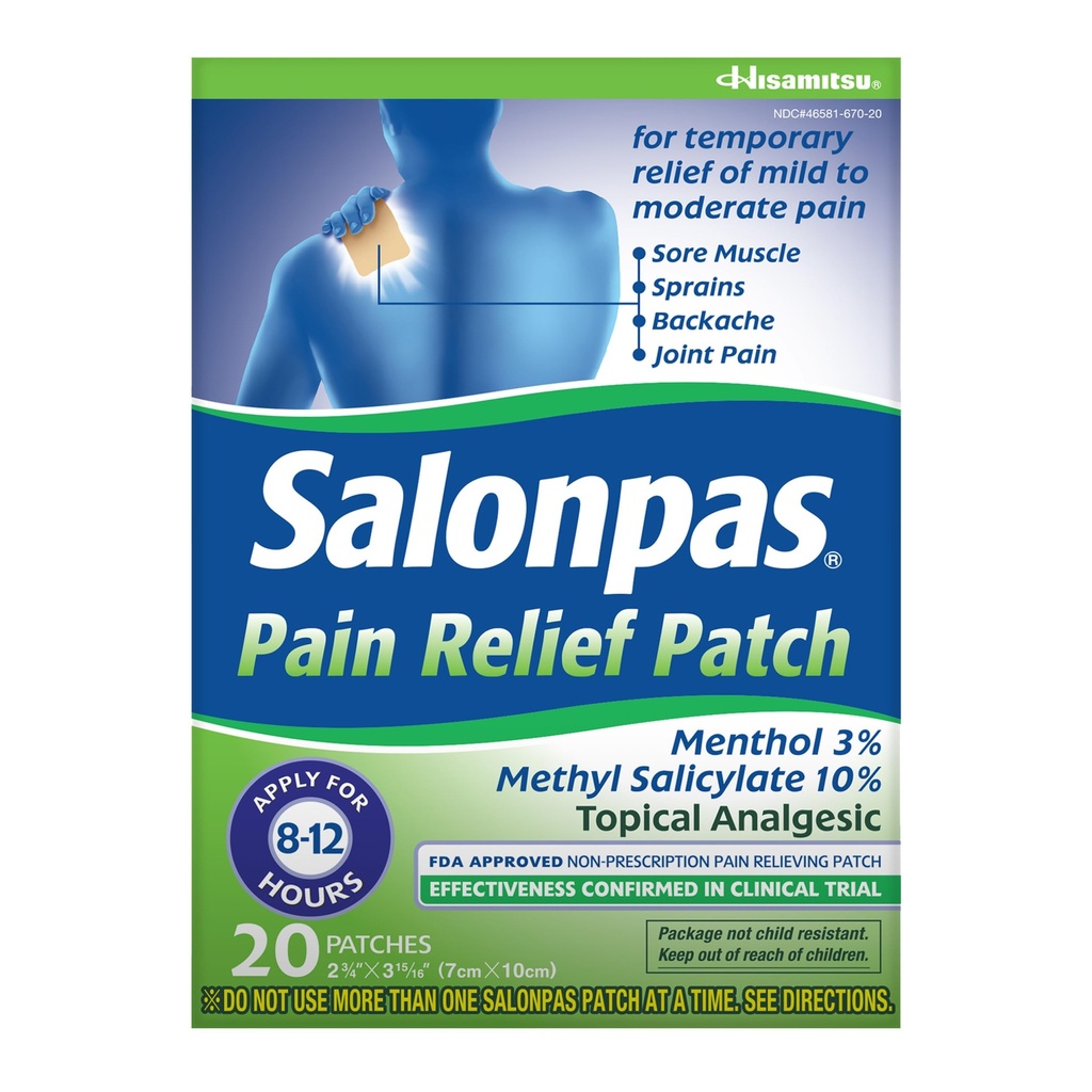 Salonpas Pain Relief Patch, 20 Count (Pack of 1), Up to 12 Hours Temporary Relief of Mild to Moderate Pain, Backache, Sore Muscle, Sprains, Bruises