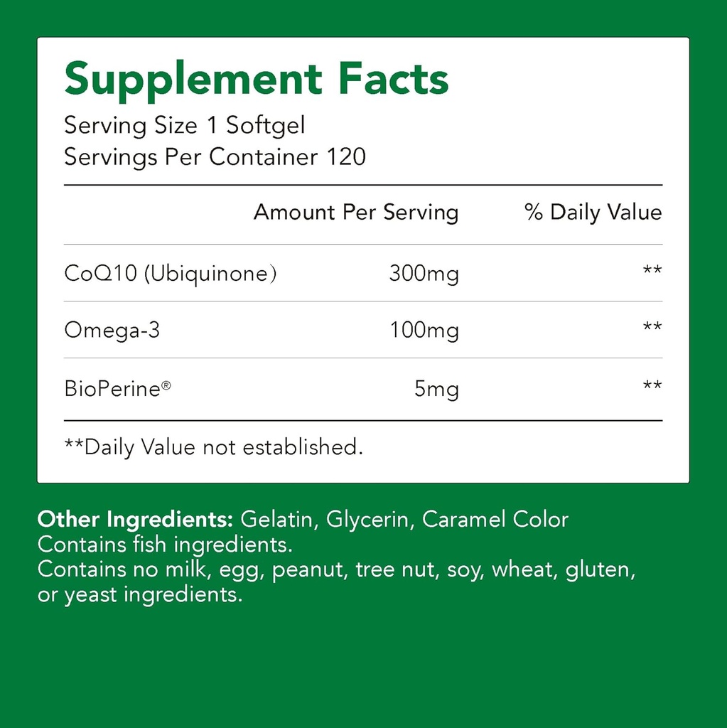 Supplements, Ubiquinone CoQ10 (Coenzyme Q10) 300 mg, BioPerine (5mg) | Supports Heart Health, Energy & Absorption (1 Bottle-120 Softgels-2mo Supply) | High EPA & DHA | Non-GMO, Gluten-Free