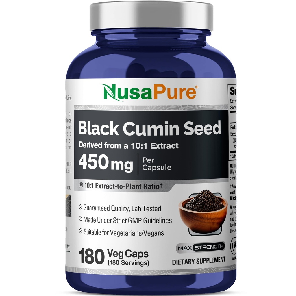NusaPure Full Spectrum Black Cumin Seed 10:1 Extracto, 450 mg Equivalente a 4.500mg 180 Veggie Powder Caps Non-GMO, Vegan Non-Oily