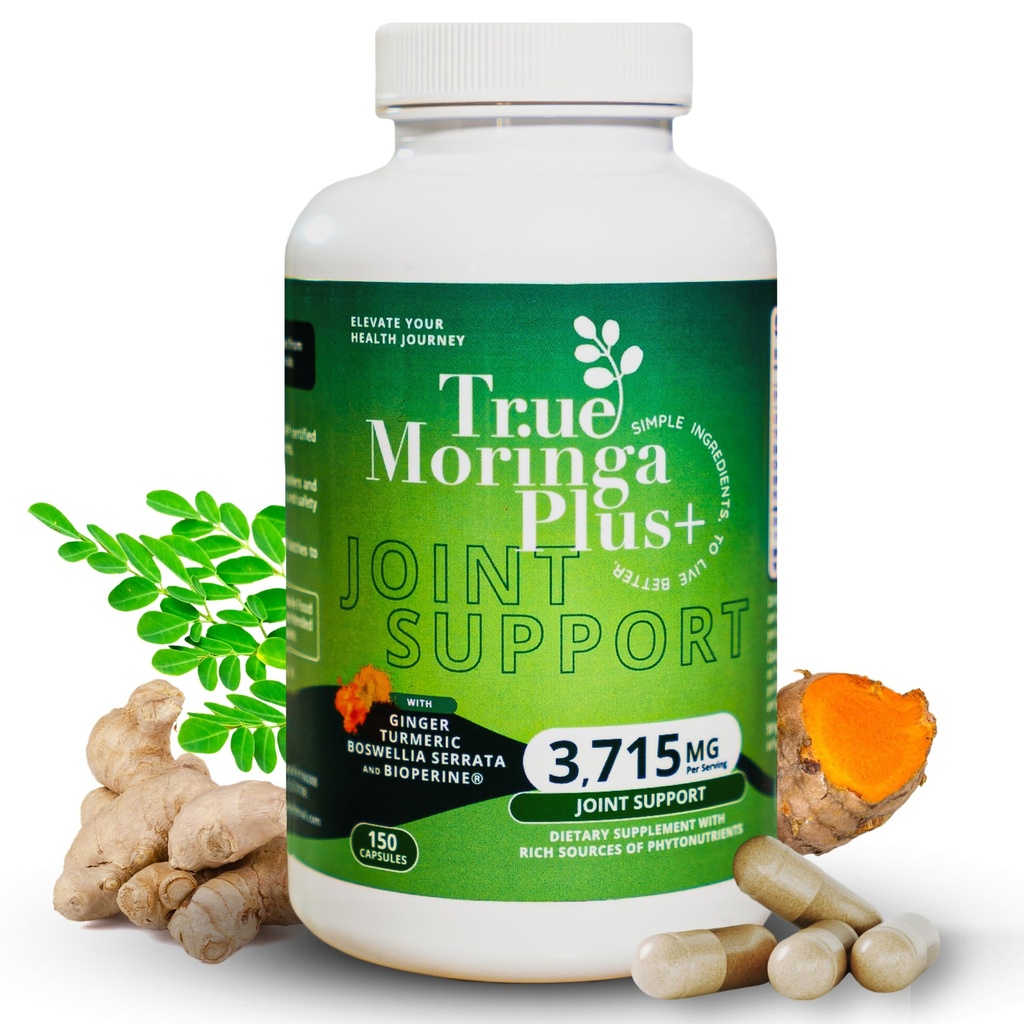 True Moringa Plus+ Joint Support Supplement 10:1 Extract | 20,000mg of Organic Moringa, Turmeric Curcumin, Ginger, Boswellia, BioPerine | Extra Strength Herbal Antioxidant for Adults (150 Capsules)