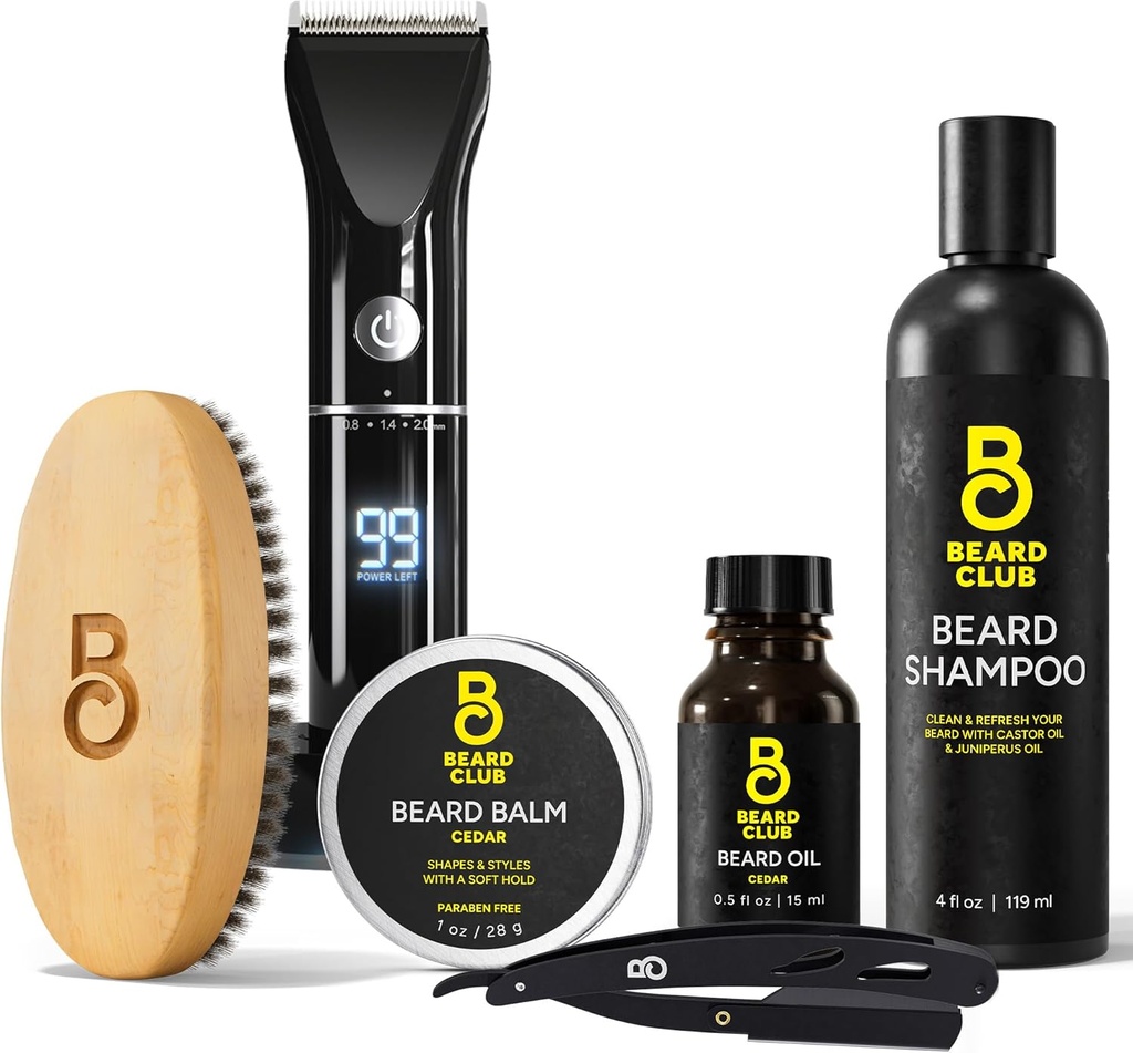 The Beard Club Grooming Bundle: Trimmer for Men &amp; Care Kit - Incluye Cordless Electric Trimmer, Straight Edge Razor, Shampoo, Cedar Balm &amp; Oil, Brush - 8 Guías, 45 Longitudes