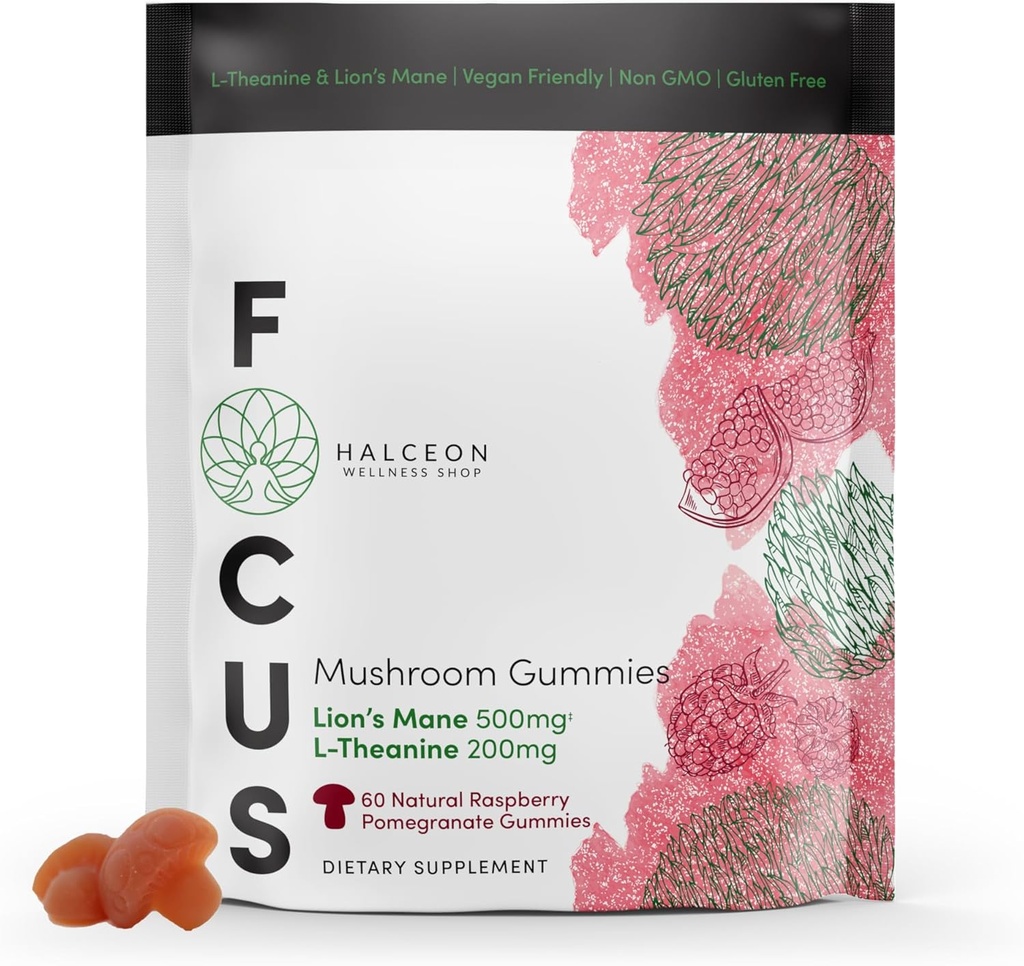 Halceon Wellness Mushroom Gummies - Lion's Mane Mushroom and L-Theanine Supplement for Brain Health - Suplemento Nootropic Mushroom - Non-GMO Vegan Lion Mane Mushroom Gummies for Focus - 60 Conde