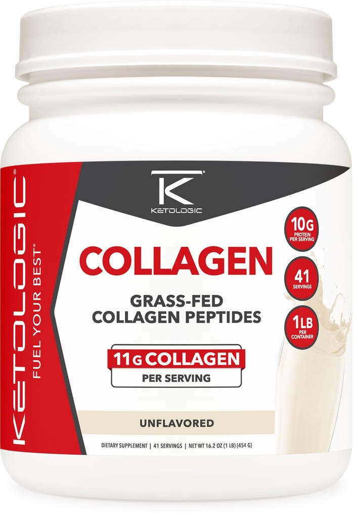 Ketologic Grass Fed Collagen Hydrolysate Powder (Unflavored) (1 LB) - 41 Servings, 11 G Collagen Por Serving, 10 G Protein Por Serving - Peptides Collagen alimentados por hierba