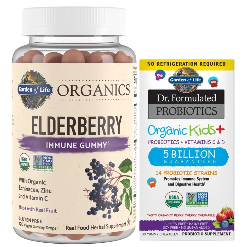 Garden of Life Organics Elderberry Gummies for Adults & Kids - Immune Support Supplement & Dr. Formulated Probiotics Organic Kids+ Plus Vitamin C & D - Berry Cherry