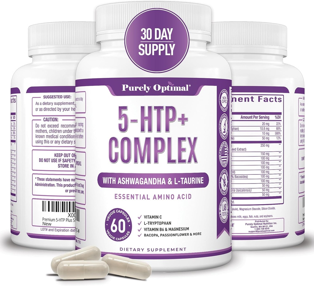 Premium 5-HTP Plus Supplement 250mg Maximum Strength - Sleep Aid, Mood Boost, Promotes Calm & Relaxation, Stress Management Support - Enhanced with Vitamin B6, Gluten Free, Non-GMO, 60 Veggie Caps