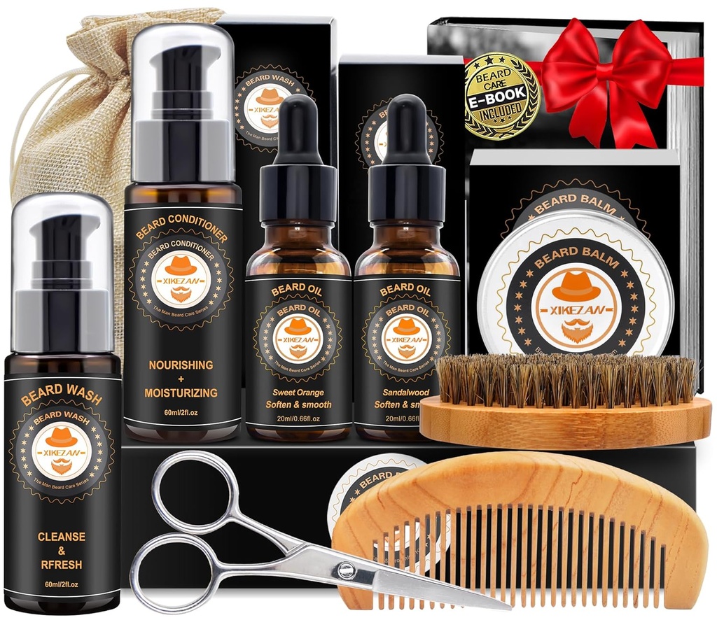 XIKEZAN Beard Kit for Men Grooming & Care w/Beard Conditioner, Wash, Oil, Balm, Brush, Comb,Birthday Fathers Valentines Gifts for Men Him Dad Husband Boyfriend Christmas Gifts Mens Stocking Stuffers
