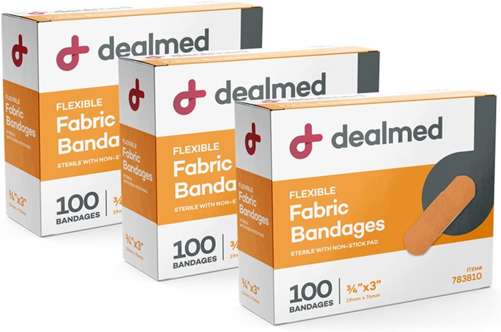 Dealmed Fabric Flexible Adhesive Bandages – 100 Count (3 Pack) Bandages with Non-Stick Pad, Latex Free, Wound Care for First Aid Kit, 3" x 3/4"