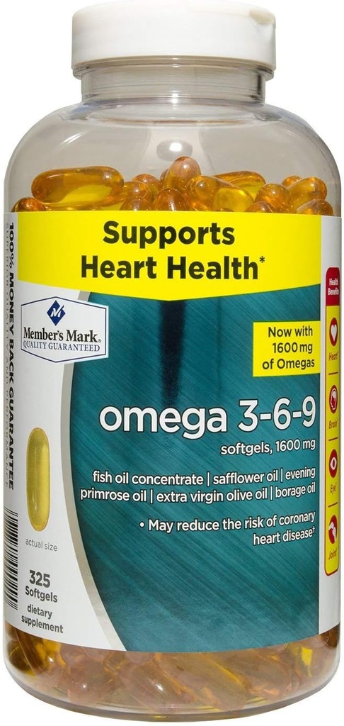 Marca del miembro Omega 3, 6, 9 Suplemento dietético 1600 Mg, Gels suaves, 325Count