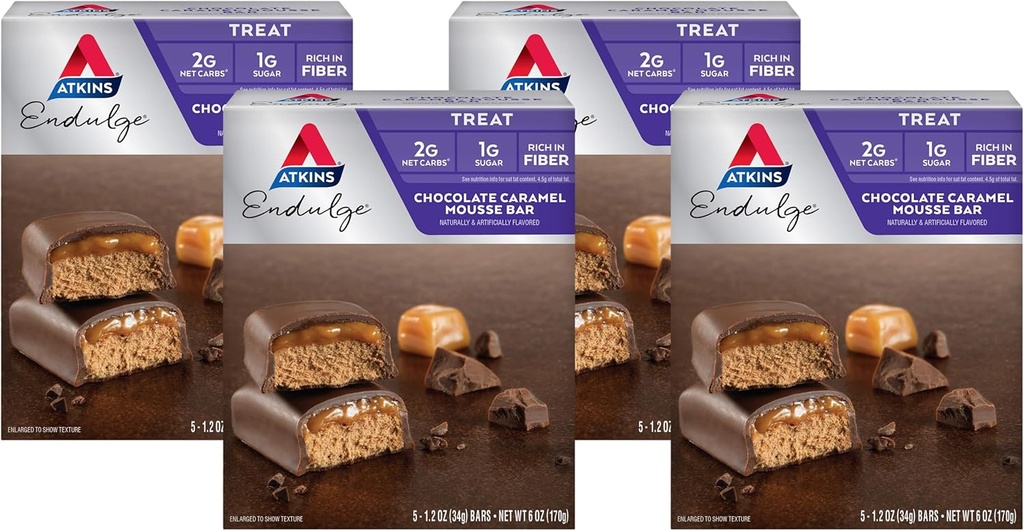 Atkins Endulge Chocolate Caramel Mousse Bar, Dessert Favorite, 1g Sugar, High in Fiber, 5 Conde (Pack of 4)