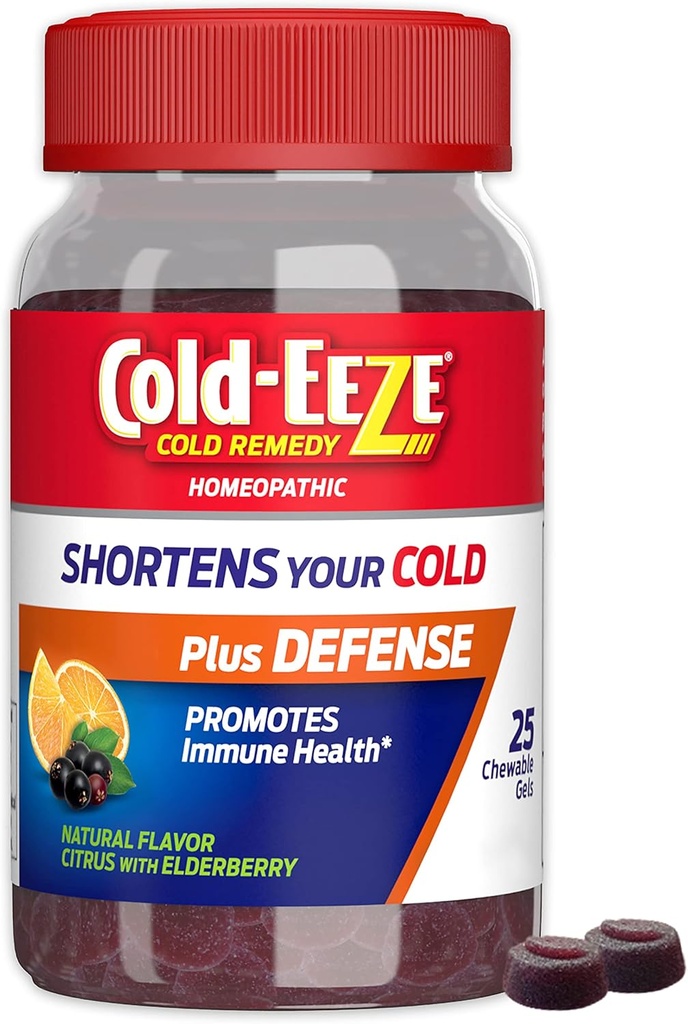 Cold-EEZE Plus Defense Natural Citrus " Elderberry Zinc Chewable Gels, Homeopathic Cold Remedy, Shortens Common Cold Symptoms, Promotes Immune Health with Sambucus Nigra, Echinacea &amp; Rose Hips, 25 Ct