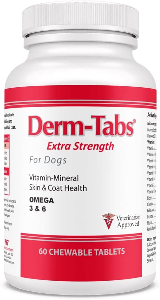 Derm Tabs Extra Strength for Dogs - Aceite Natural, Vitaminas, Minerales y Antioxidantes - Apoyar la piel saludable y reducir la ropa de cama -60 Tablas Chewable