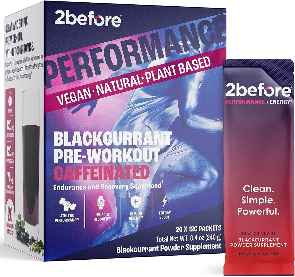 2before All Natural Vegan Pre Workout, with 120mg Caffeine I Clean Energy, Endurance, Recovery I Pre Workout Women and Men I 20 x Individual Packets I Informed Sports Certified I Blackcurrant