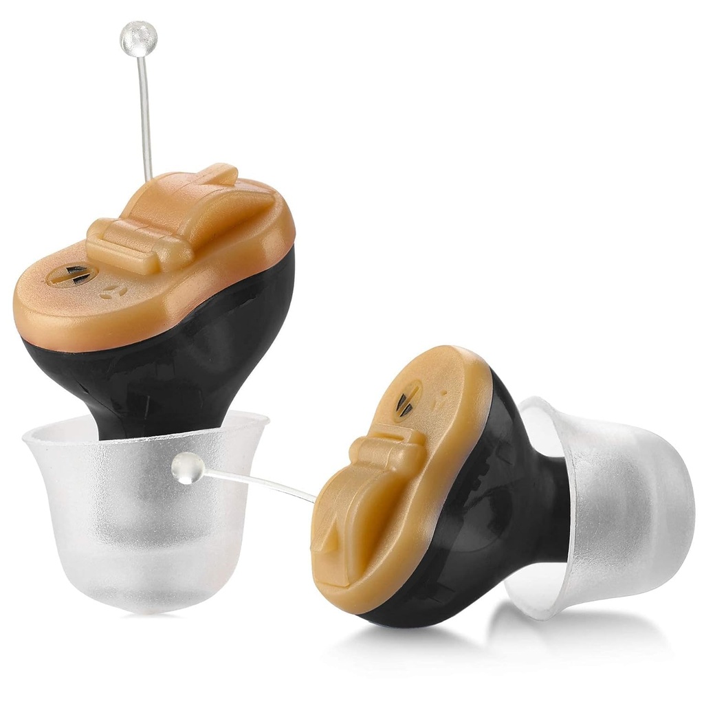 Amplificador de ayuda de Audiencia Digital Premium - Invisible en Canal (CIC) en-Oar Mini Conjunto de Enhancer de Sonido, Casi invisible, Anulación de ruido, Amplificador de Sonido Personal - Negro, Pareja Derecha &amp; Ojo Izquierdo