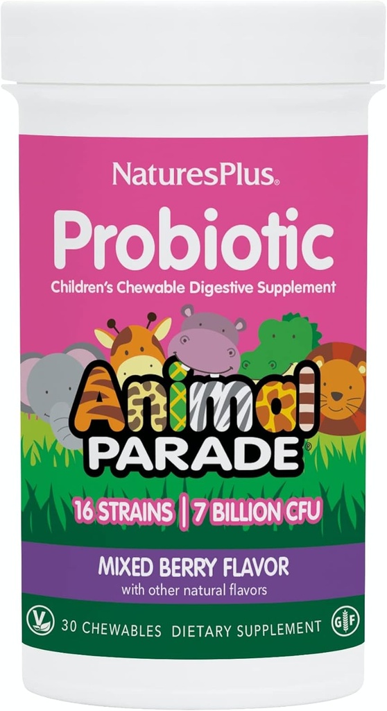NaturesPlus Animal Parade Probiotic, Mixed Berry - 30 Chewables - Suplemento de Digestión Infantil - Apoyo Gut Health &amp; Immune Función - Vegan, Gluten Gratis - 30 Servimientos