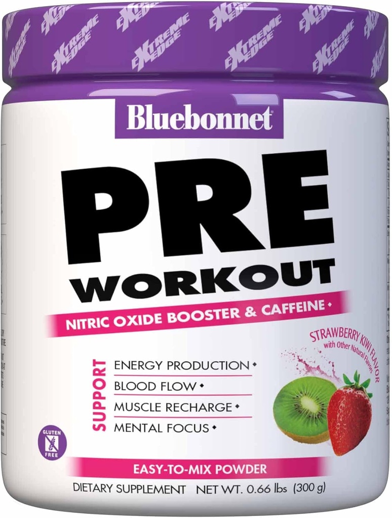 Bluebonnet Nutrition Extreme Edge Pre Workout, Muscle Recharging Formula*, Increases Nitric Oxide (NO) Levels*, Soy-Free, Dairy-Free, Strawberry Kiwi, 30 Servings, 10.56 Ounce