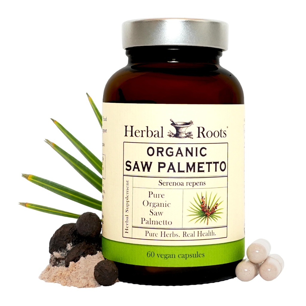 Herbal Roots Organic Saw Palmetto Capsules  1,000mg per Serving  60 cápsulas orgánicas Vegan