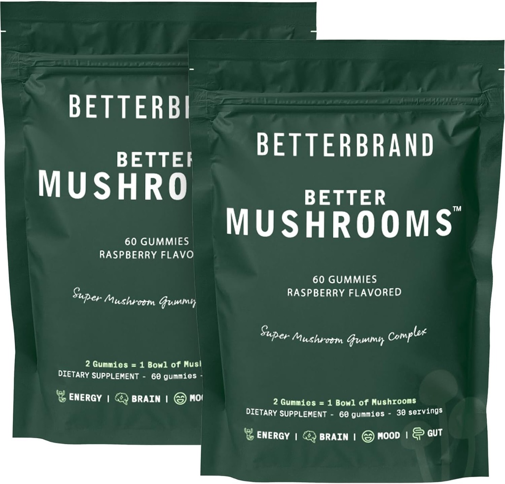 Betterbrand BetterMushrooms Nootropic Gummies - Apoya Mejor Gut Health, Función Cognitiva, Claridad Mental con 10 Mushrooms Funcionales - 60 Gummies - Raspberry Flavor - Pack de 2