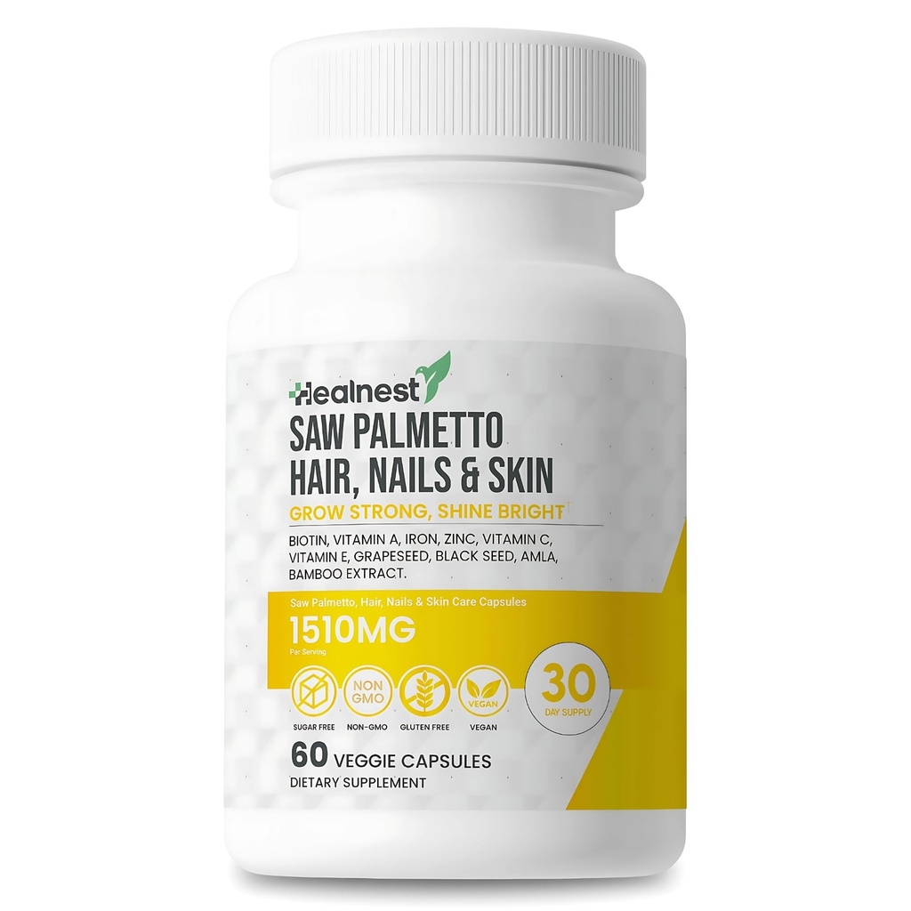 Cuidado de piel, uñas y piel con – Saw Palmetto, Biotin, Amla - 60 No GMO, Gluten Free, Veggie Capsules para Hombres y Mujeres