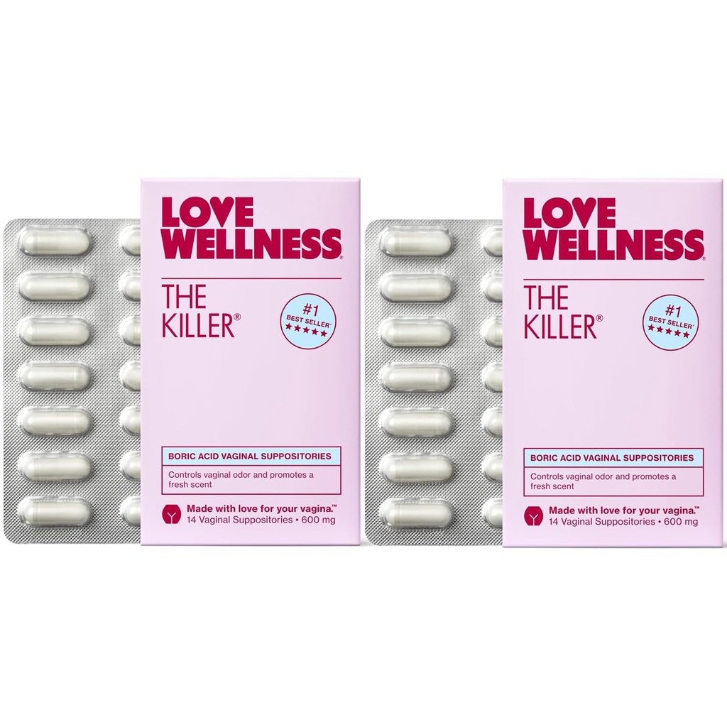 Love Wellness The Killer | 600mg Boric Acid Vaginal Suppositories | Balances pH & Supports Odor Control, a Healthy Vaginal Balance | Fast-Acting & Fragrance-Free | Gentle & Effective | 28 Ct