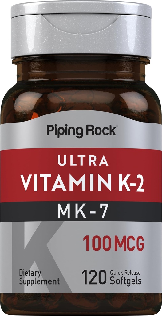 Piping Rock Vitamina K2 MK7 TEN 100 mcg TEN 120 Softgels TEN NO GMO, Gluten Suplemento Gratis