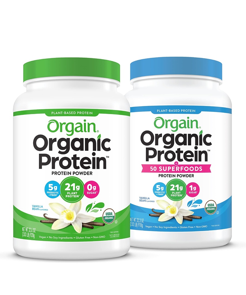 Orgain Orgain Orgánico Vegan &amp; Orgánica Proteína + Superalimentos Polvos, Vainilla Bean Flavors - Proteína basada en plantas, Gluten Free