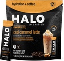 Latte de caramelo de HALO - Powder de bebida energética – Mezcla de café saludable para la hidratación con electrolitos, cafeína, vitaminas y minerales - 20 calorías - Keto y Calorie baja - 1 x 12 palos