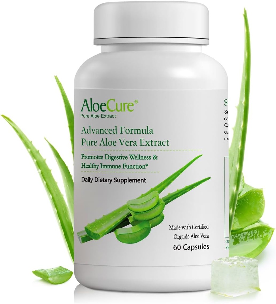 AloeCure Organic Aloe Vera Capsules, 130,000mg Inner Aloe Leaf Equivelant per Serving, Support Gut Health & Digestive Comfort, Stomach Acid Buffer, Natural Immune Supplement, Aloin Free, 60 cápsulas