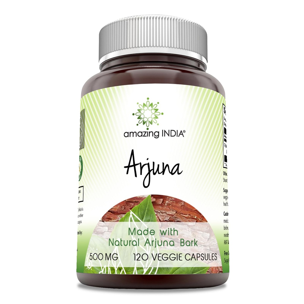 Increíble India Arjuna (Made with Natural Arjuna) 500 Mg Suplemento Silencio Vegetarian Capsules ← Non-GMO TENIDO Gluten-Free TEN Made in USA (1 Pack TEN120 Count)